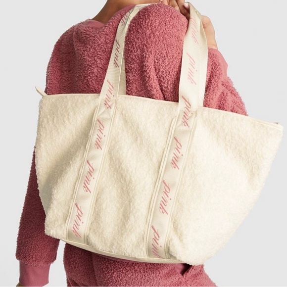 NWT PINK Victoria's Secret Sherpa Cream Tote Ribbon Straps Large Logo Cozy - Picture 2 of 12